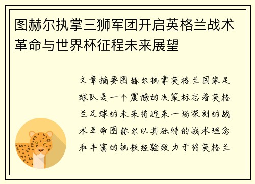 图赫尔执掌三狮军团开启英格兰战术革命与世界杯征程未来展望
