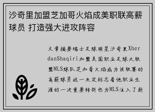 沙奇里加盟芝加哥火焰成美职联高薪球员 打造强大进攻阵容